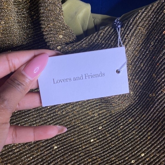 Lovers + Friends NWT Lyon Antique Gold Sequin Mini Halter Dress S - Picture 7 of 9